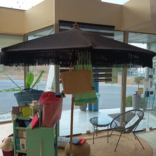 Garden umbrella wooden with macrame, 200 cm width, new