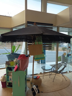 Garden umbrella wooden with macrame, 200 cm width, new