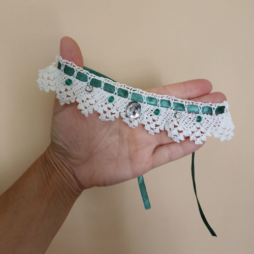 Vintage boho knitted choker necklace with petrol ribbon and crystals