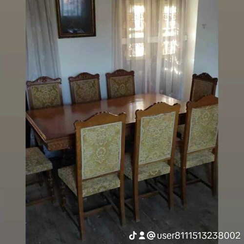 Handmade dining table set for 8 with buffet and mirror, like new