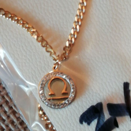 Libra necklace gold plated steel with clear zirconia new