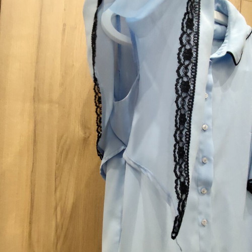 Lussile baby blue blouse with black lace and Peter Pan collar, size S