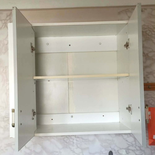 Hanging kitchen cabinet used with wooden shelf, white