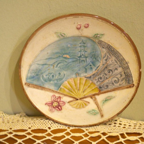 Decorative majolica plate used, Chinoiserie style, France circa 1900