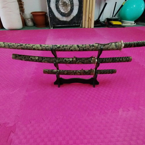 Set of 3 Japanese decorative swords with wall display stand