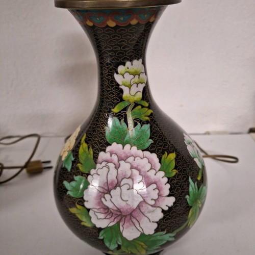 Pair of used cloisonné lamps 37 cm with enamel and wooden bases