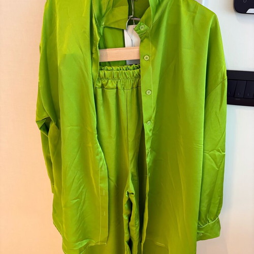 Satin green set shirt and pants one size fits up to large