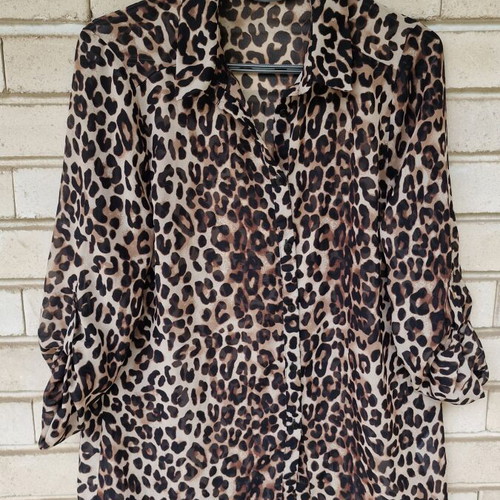 Leopard print shirt refurbished, size S, polyester, beige and brown