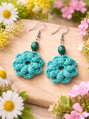Handmade turquoise crochet earrings made to order