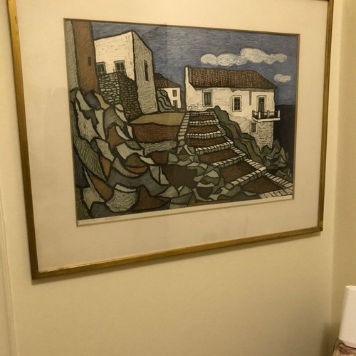 Collectible lithograph by Giorgos Sikeliotis used with frame