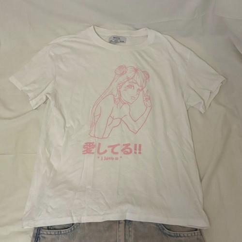 Bershka Anime Graphic T-shirt like new, white and pink, small to medium