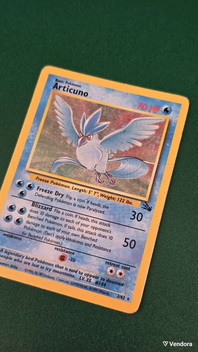 articuno pokemon card 2 62 Holo (FO 2) TCG used Colorless Artist 1999 Pokemon, Fossil, #2/62 Articuno,