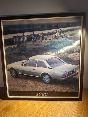 Peugeot 504 Coupé poster on wood framed art used, 1980 era