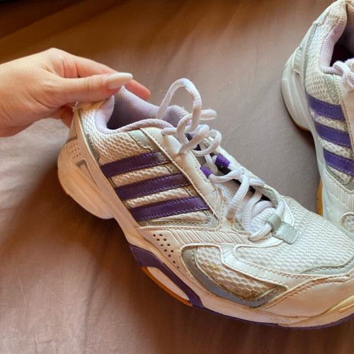 Adidas women's athletic shoes used, white and purple, size 38
