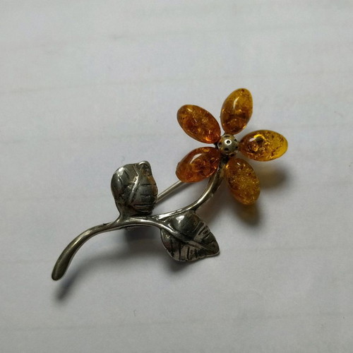 Flower brooch silver 925 with real amber new