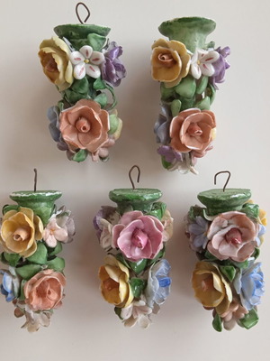 Vintage porcelain hanging decorations used, set of 5 pieces