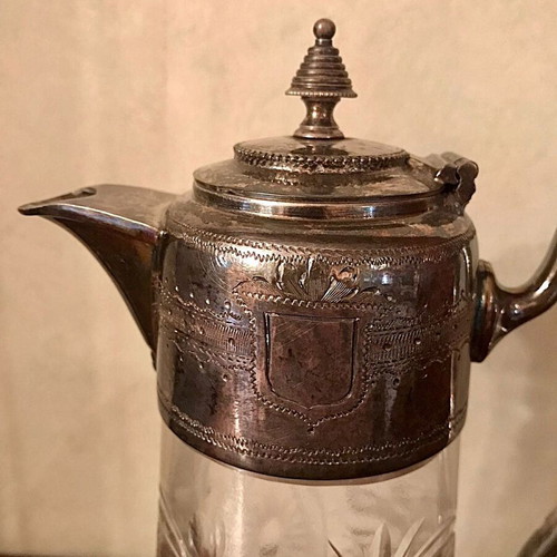 Vintage carafe used with engraved glass and silver-plated metal