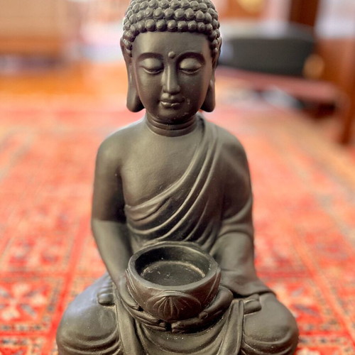 Buddha bust like new, gray-black, stone and resin candle holder