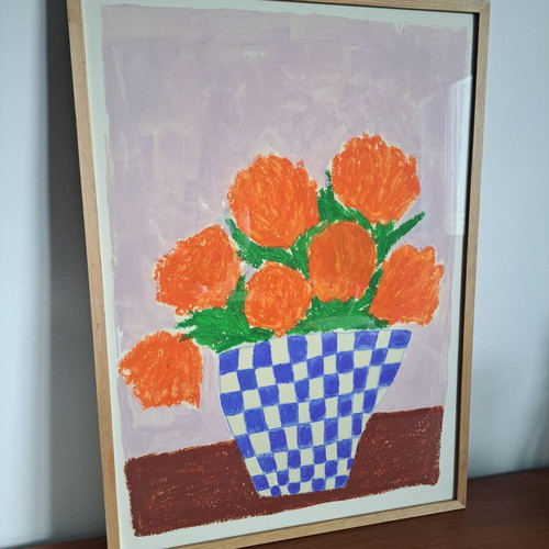 Minimal Art Print Orange Florals in wooden frame new