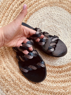 Handmade Greek sandals 100% genuine leather like new, black silver