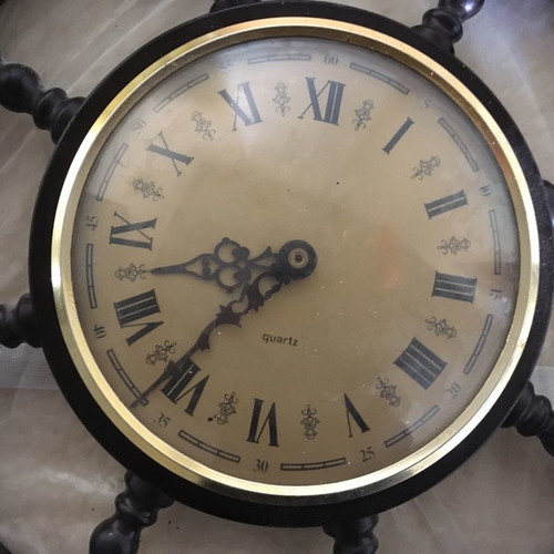 Wooden nautical ship wheel wall clock used with compass