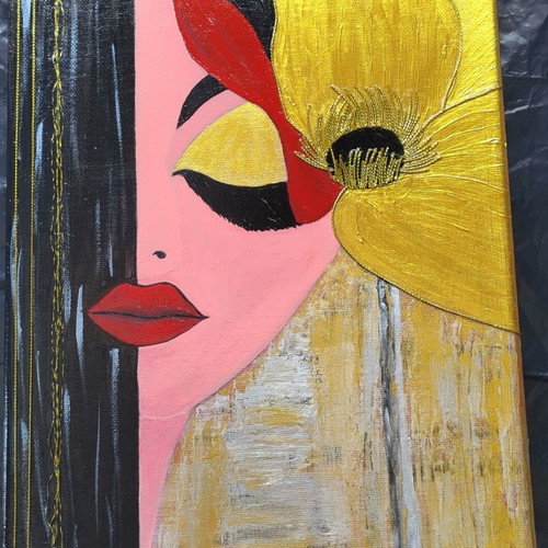 Handmade painting on canvas "Flower in Hair" 24x29 cm, acrylics