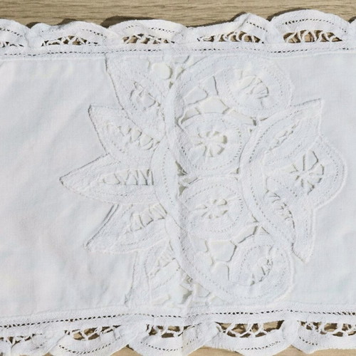 White handmade lace with cutwork embroidery and floral motif like new