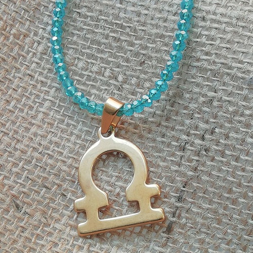 Libra necklace gold-plated pendant new with transparent blue iridescent color