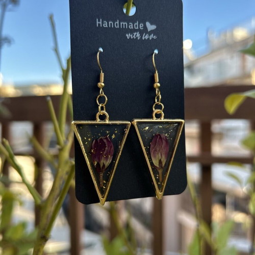 Handmade earrings with natural rose buds and gold leaves, new