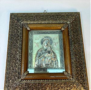 Εκκλησιαστική μεταλλική-ξύλινη εικόνα Παναγίας και Ιησού Χριστού 25x23 cm