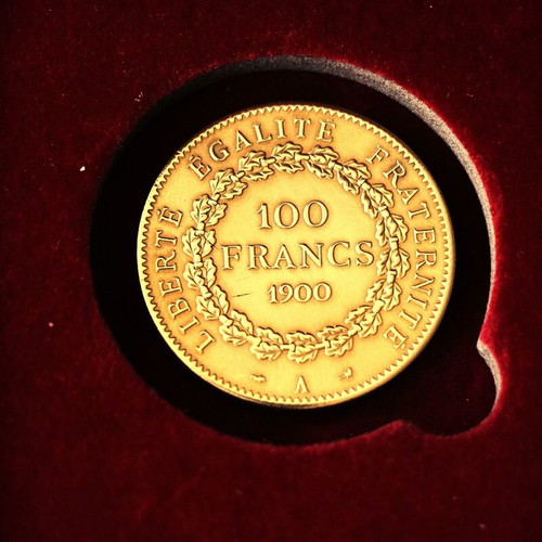 Case with 24K gold-plated 100 Francs French coin new, year 1900