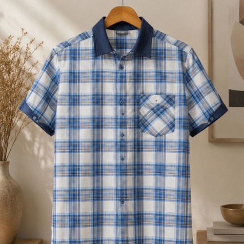 Women's short-sleeve checked shirt XL like new, 100% cotton, blue