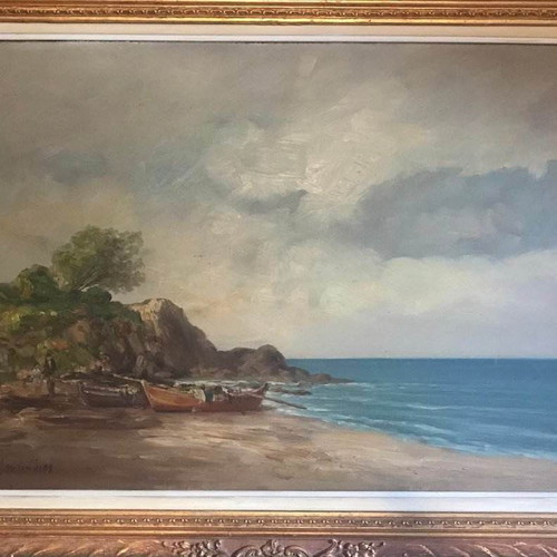 Oil painting by Ap. Lefkadios in excellent condition with unique vintage frame