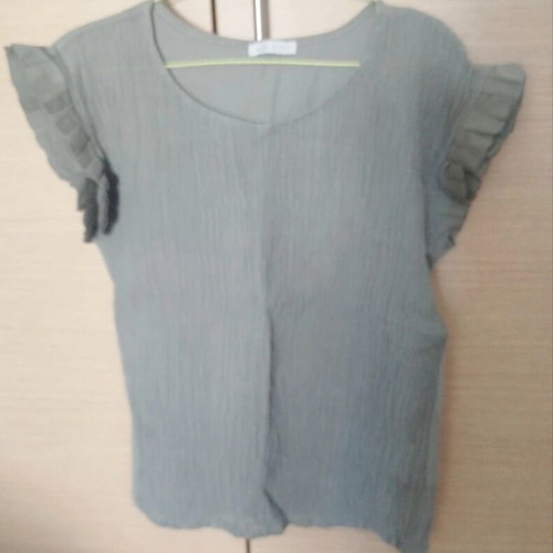 Short Sleeve Gofre Linen Blend Blouse One Size, New, Khaki