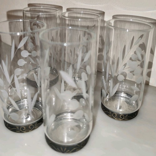 Vintage vodka/ouzo/cognac glasses set of 5, crystal and copper-nickel, like new