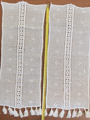 Crocheted curtain panels used, vintage, set of 2, beige