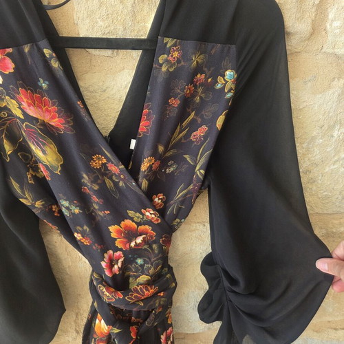 Finery Floral Print Maxi Jumpsuit like new, colorful, sheer sleeves