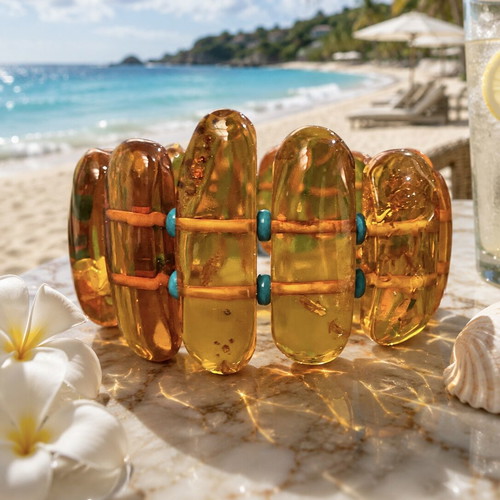 Large Amber Bracelet with Turquoise, Natural Baltic Amber