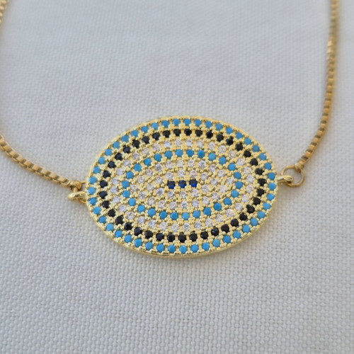 Gold Bracelet with Oval Evil Eye Motif, New, Blue and Gold