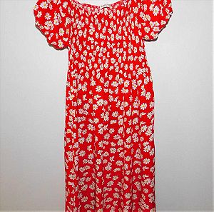 Midi κόκκινο φόρεμα off-shoulder με λουλούδια
