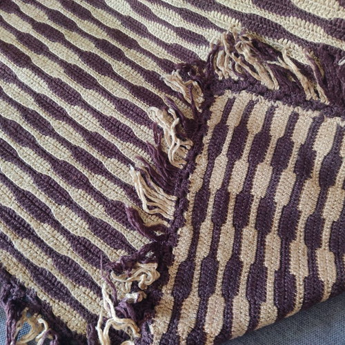 Vintage knitted bed cover with fringes used, wool, 210x120 cm