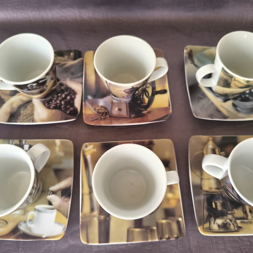 Vintage coffee art espresso cup set with saucers, 6 pieces