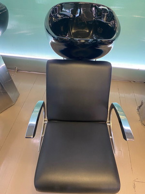 Salon chairs and shampoo bowls used, set of 8 chairs and 3 bowls
