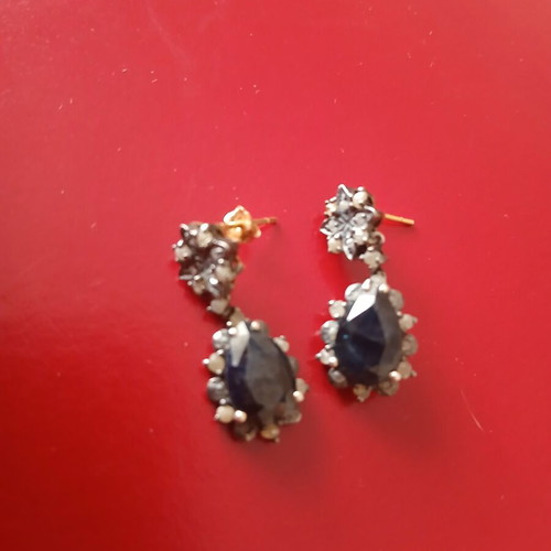 Earrings with genuine diamonds and sapphires, 925 silver and 9k gold, no clasp