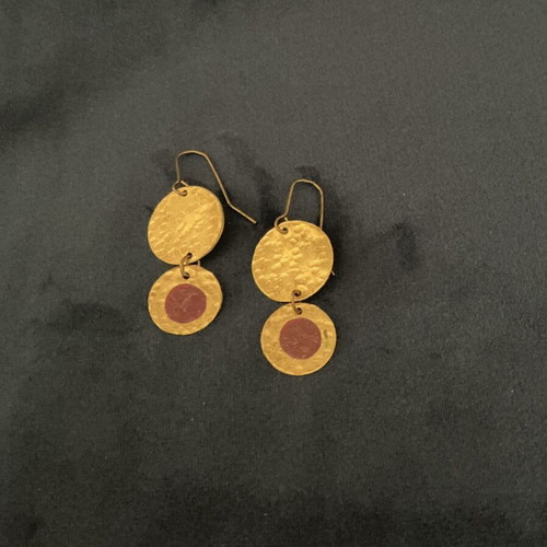 Handmade earrings in gold tone like new with purple enamel detail