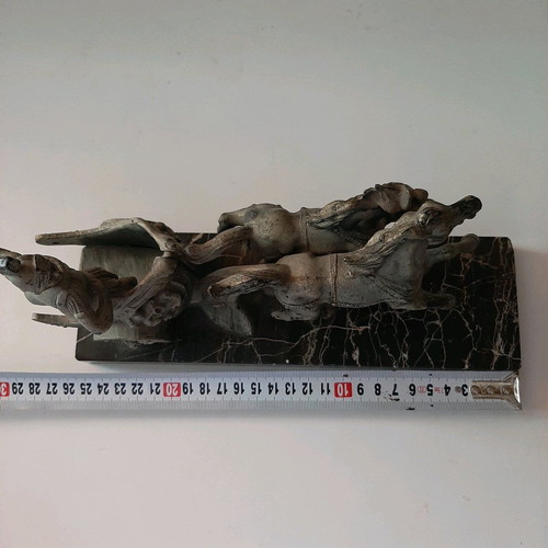 Italian decorative piece used, marble base, chariot scene with Roman soldier