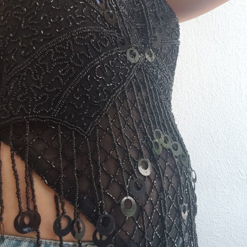 Top with birds and beads like new, black, sizes S and M
