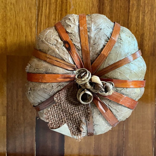 Decorative pumpkin wrapped with dried leaves like new