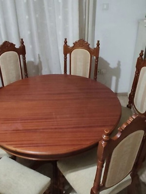 Ροτόντα στρογγυλή τραπεζαρία με έξι καρέκλες, διάμετρος 118 εκ κλειστή, 118 x 216 ανοιχτή