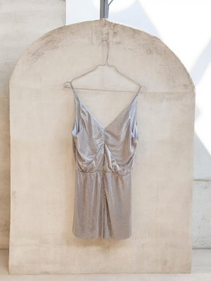 Topshop silver metallic pleated romper, size M